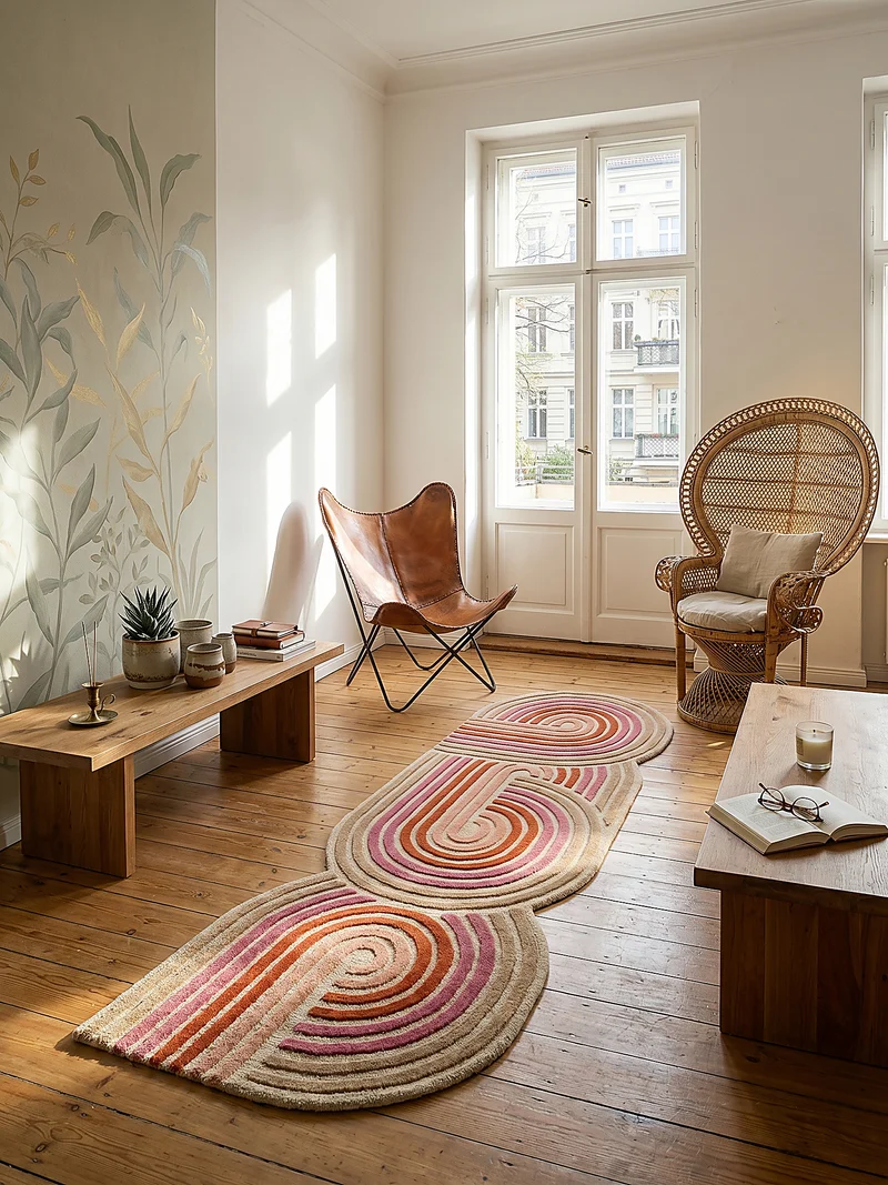 Wollteppich Spiralform · 100 % Wolle · handgetuftet