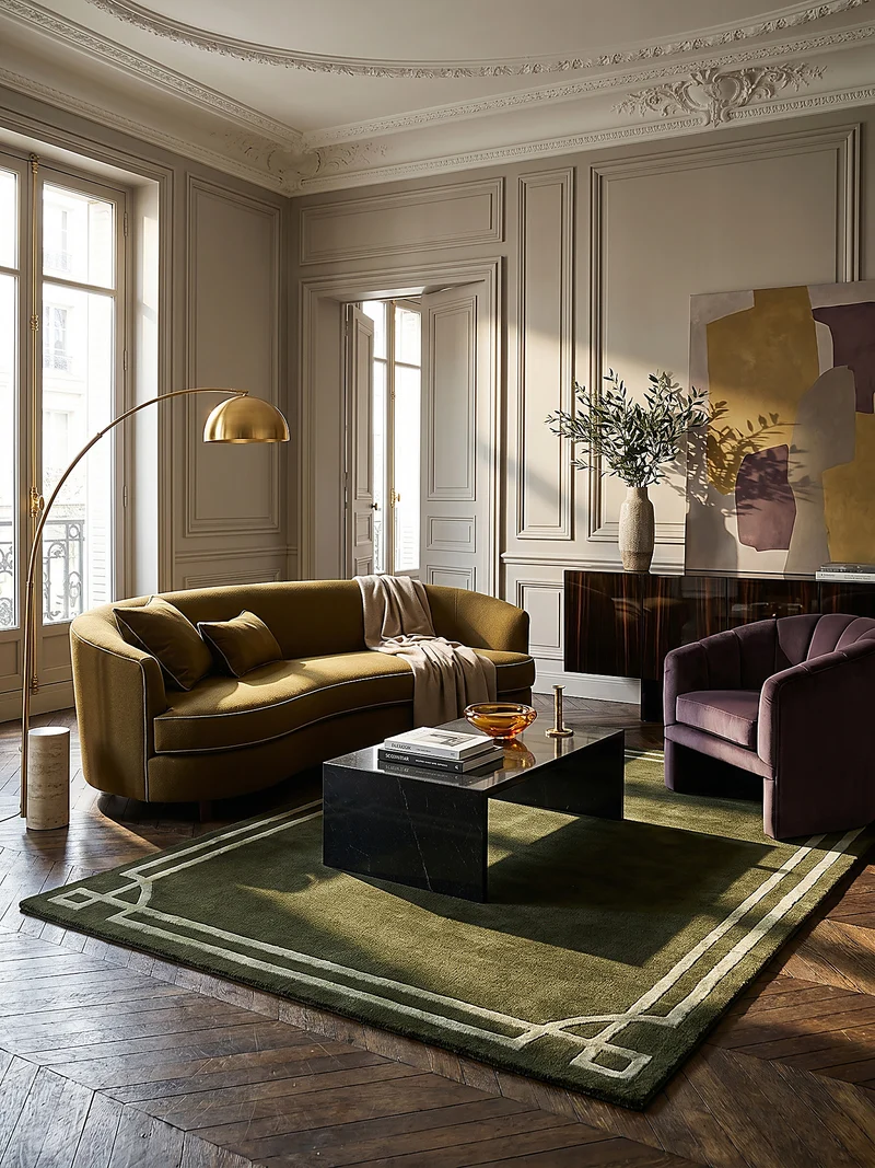 Teppich Kurzflor im Art-Déco-Stil, Klassische Bordüre, Wohnzimmer