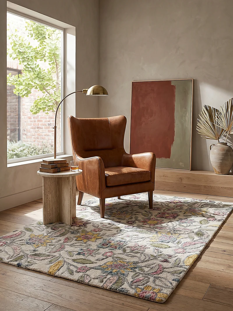 Wollteppich Botanisch Floral mit Aquarell-Effekt, Wohnzimmer