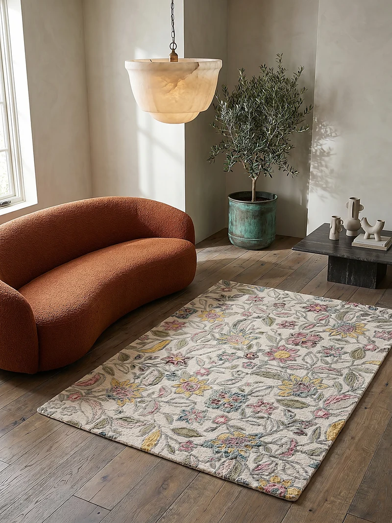Wollteppich Botanisch Floral mit Aquarell-Effekt, Wohnzimmer