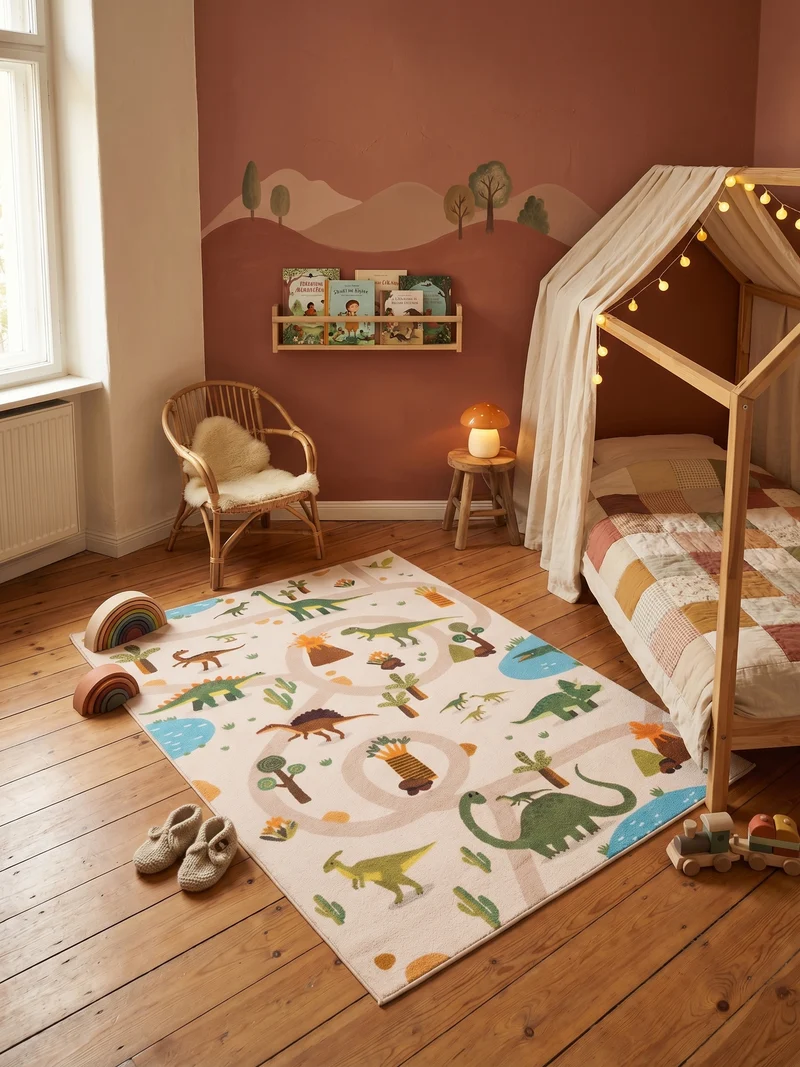 Kinderteppich Dinosaurier Waschbar mit Rutschstopp