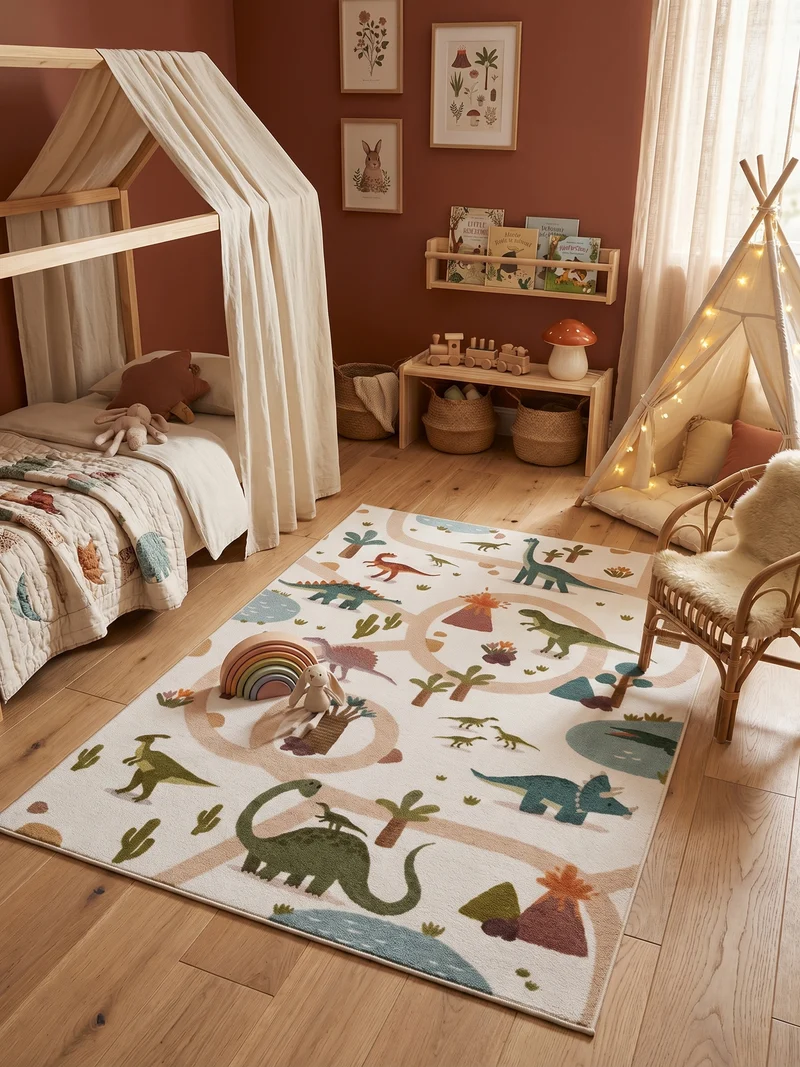 Kinderteppich Dinosaurier Waschbar mit Rutschstopp
