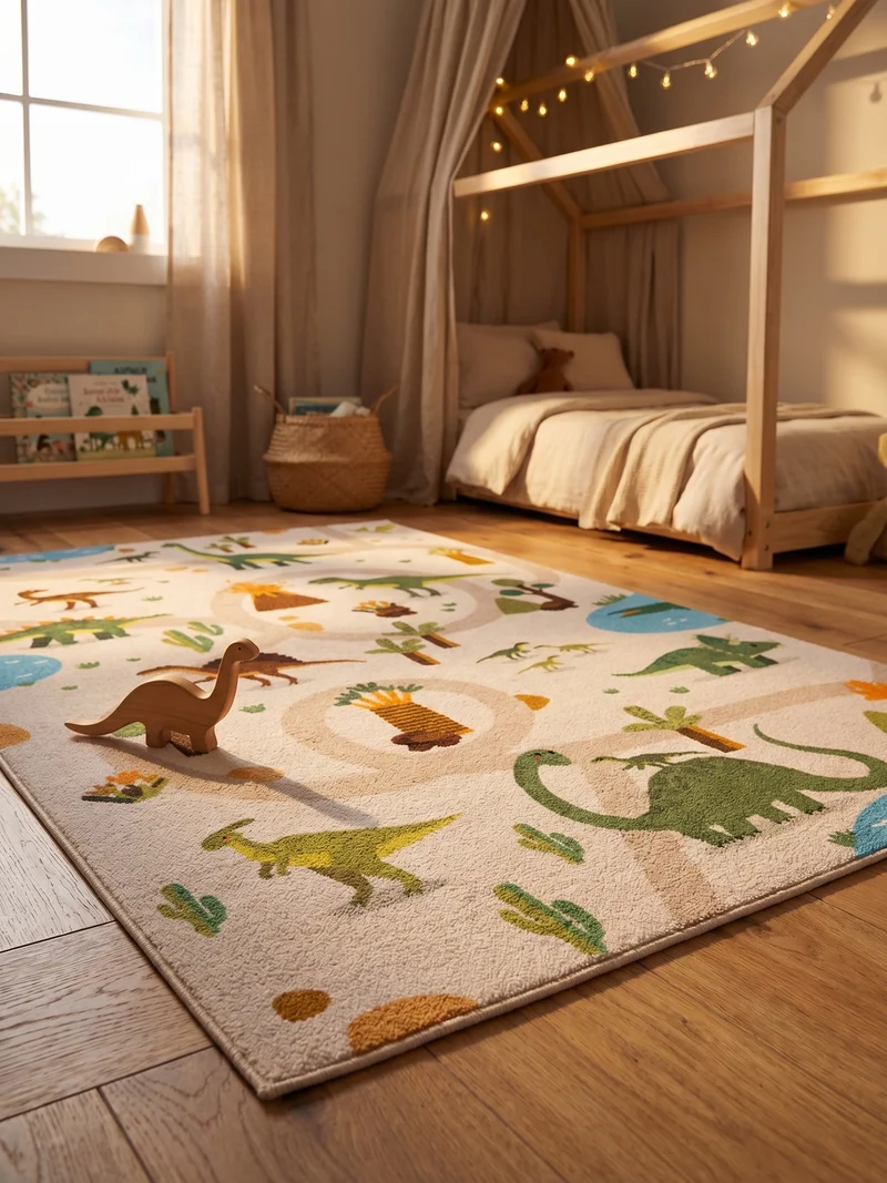 Kinderteppich Dinosaurier Waschbar mit Rutschstopp
