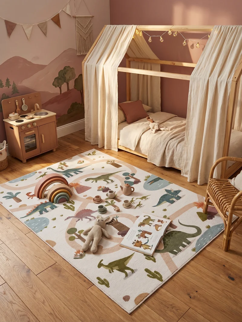 Kinderteppich Dinosaurier Waschbar mit Rutschstopp