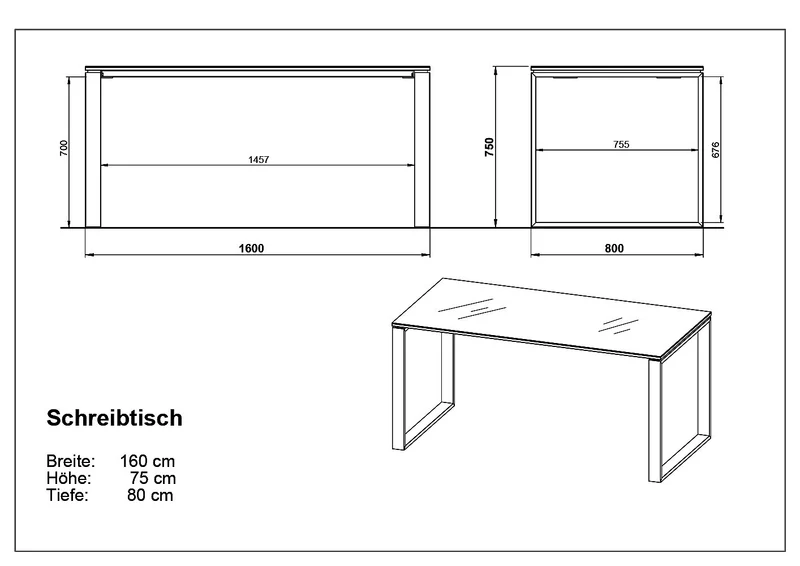 Schreibtisch-Set 160x80 cm | Glasplatte & Container
