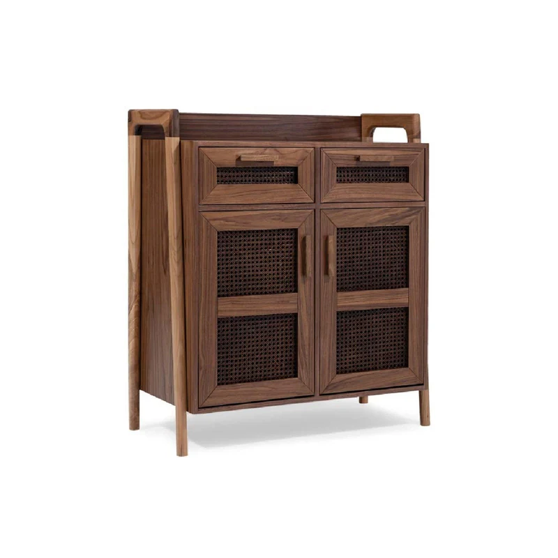 Servant-16 Walnut Wooden Cabinet with Cane Paneling – Two Drawers and Double Doors