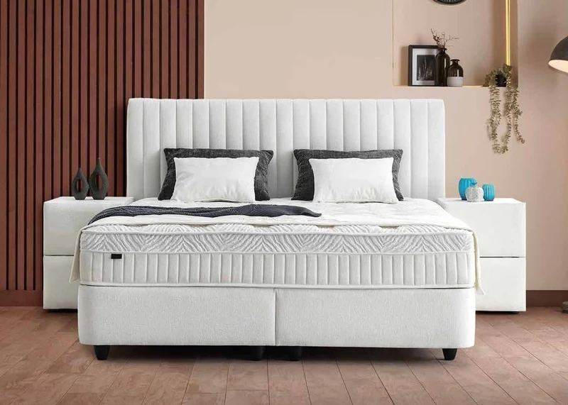 Casa Padrino Luxus Boxspringbett mit Kopfteil in Streifenoptik Weiß 140 x 200 cm - Luxus Schlafzimmer Möbel