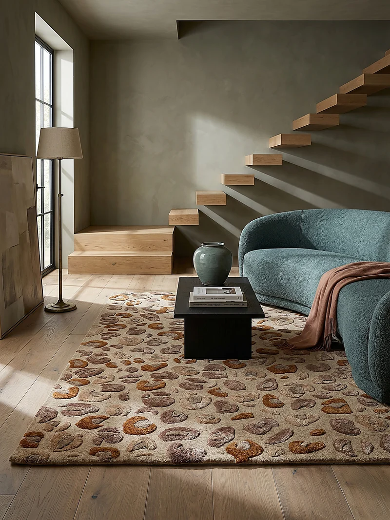 Designteppich Leopard-Print · Lyocell-Wool Mix · Caramel auf Beige · 7 mm Hand-Tufted