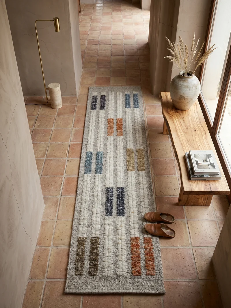 Bouclé-Teppich Blockmuster · 58 % Wolle · flach strukturiert