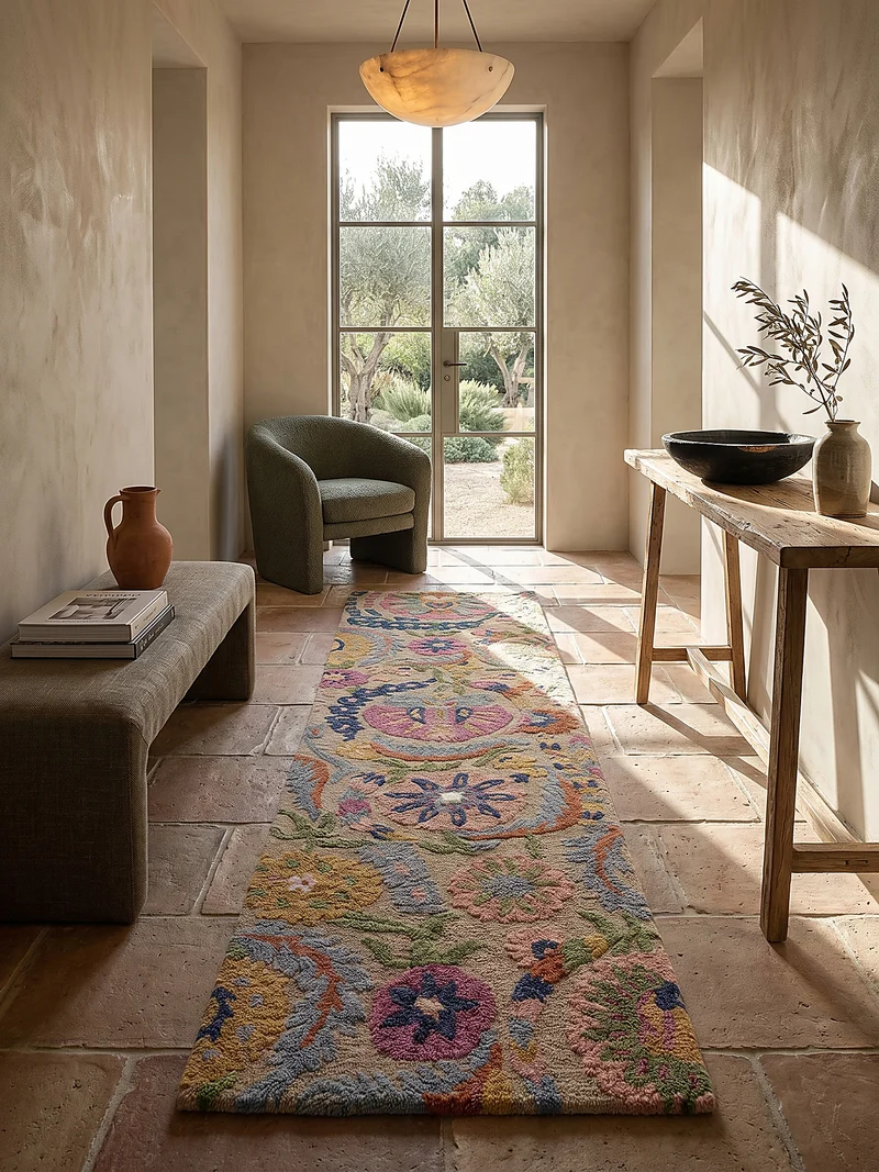 Wollteppich Boho Floral · 100 % Wolle · Hand-Tufted · Multi-Color auf Beige · 8 mm