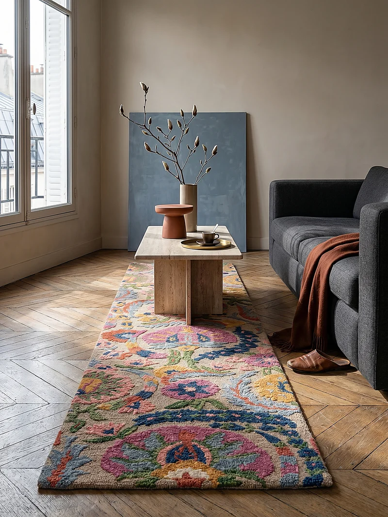 Wollteppich Boho Floral · 100 % Wolle · Hand-Tufted · Multi-Color auf Beige · 8 mm
