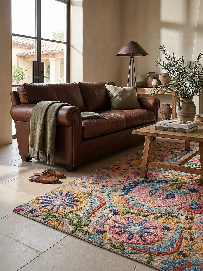 Wollteppich Boho Floral · 100 % Wolle · Hand-Tufted · Multi-Color auf Beige · 8 mm