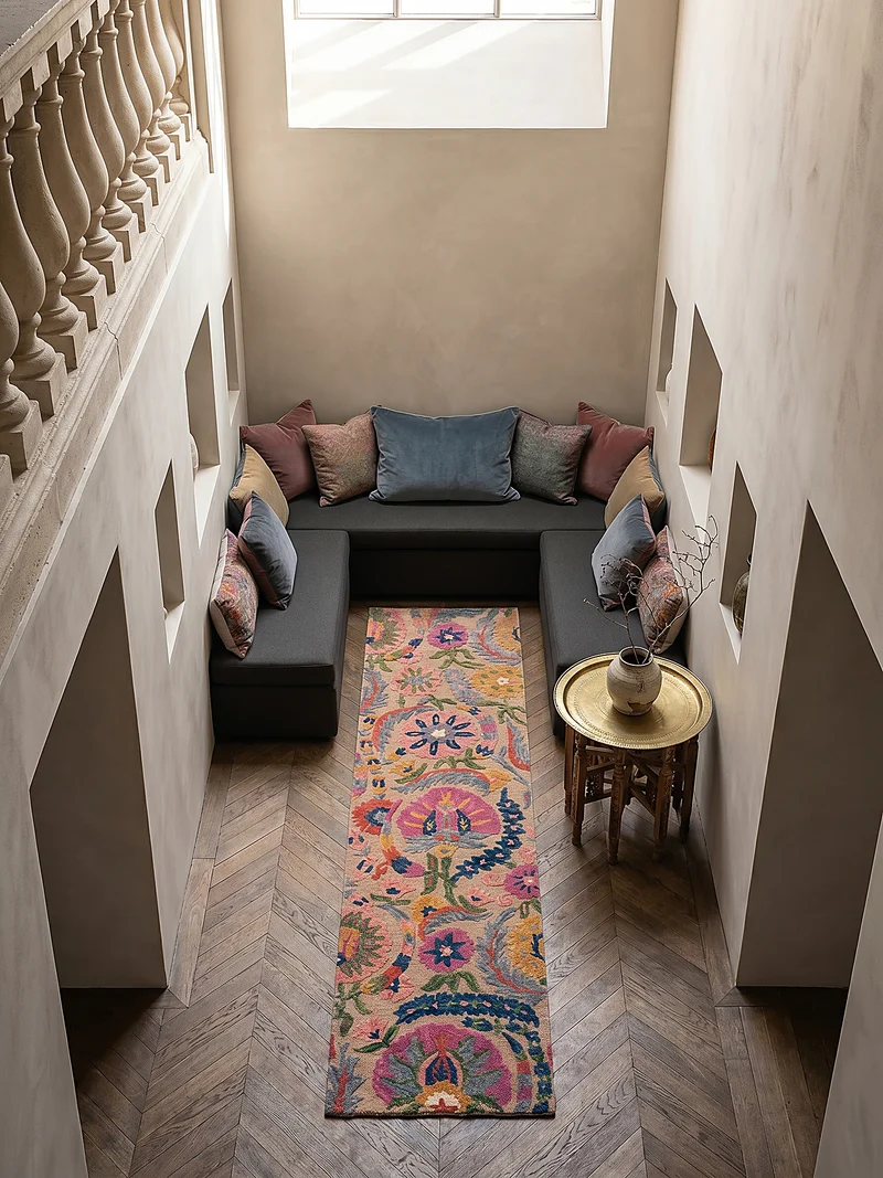 Wollteppich Boho Floral · 100 % Wolle · Hand-Tufted · Multi-Color auf Beige · 8 mm