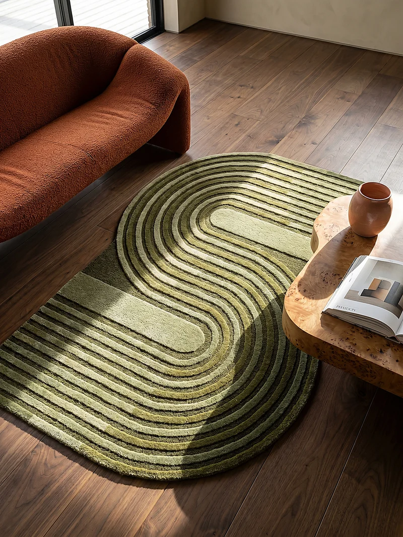 Teppich handgetuftet aus Wolle mit geometrischem S-förmigem Design und Hoch-Niedrig Flor