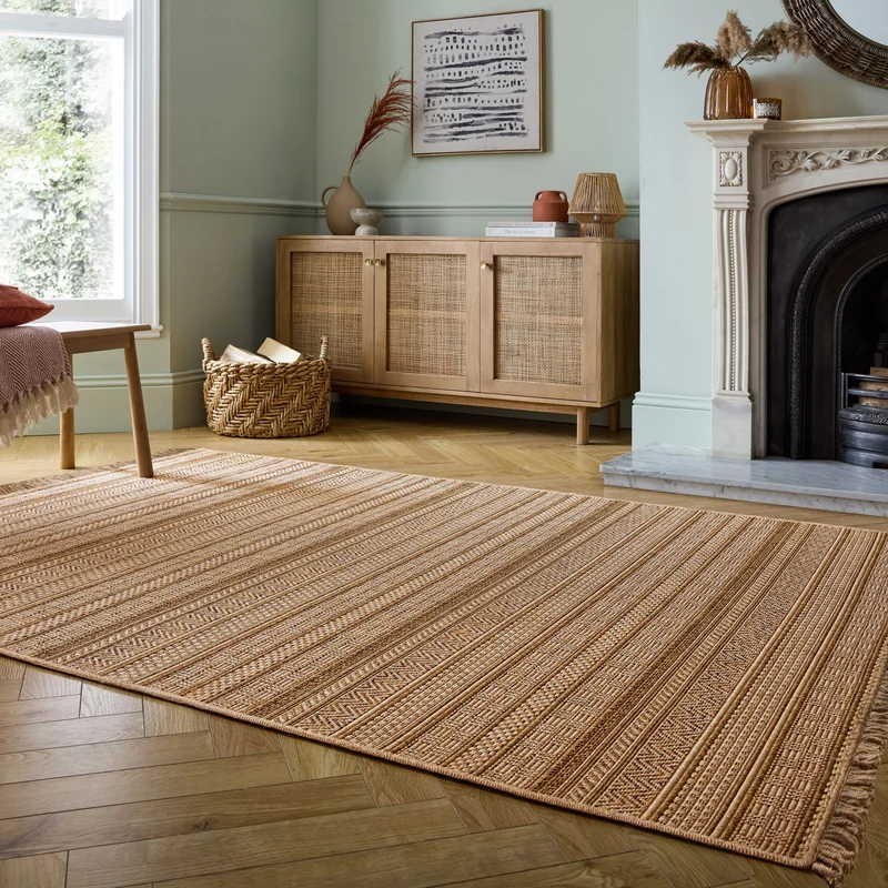 Outdoor Teppich Flachgewebe Boho Streifen Jute-Optik, Balkon schmutzabweisend