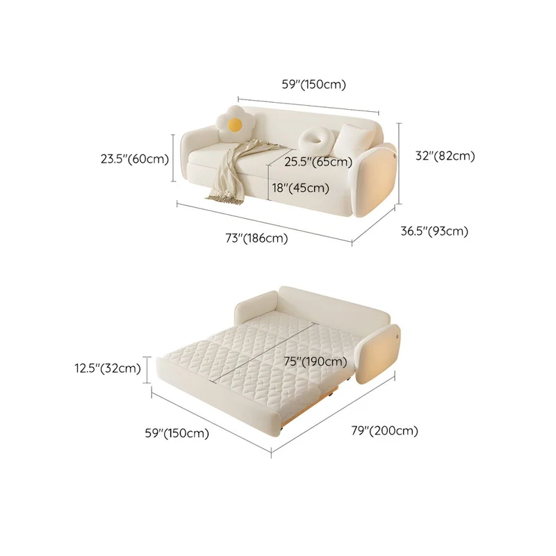 Schlafsofa aus Berberfleece-Massivholz mit Stauraum darunter