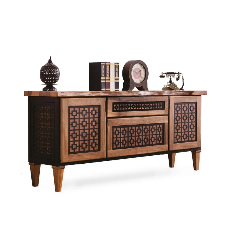 Ottoman Console- Solid Wood Sideboard with Geometric Detailing