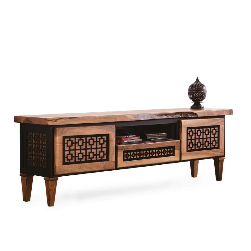 Ottoman TV Unit – Solid Wood Entertainment Console with Geometric Detailing