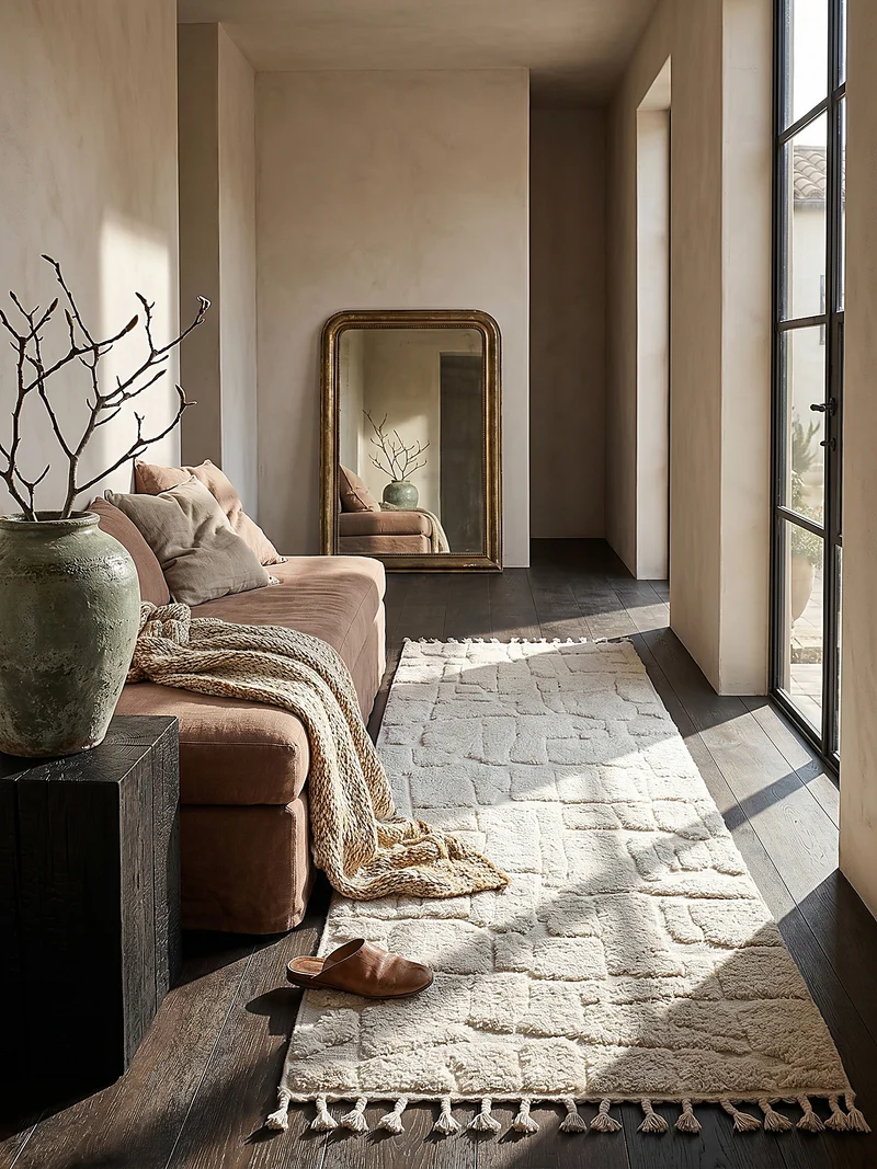 Hochflor-Teppich Cobblestone-Relief · 20 mm 3D · Cremeweiß · Boho mit Fransen
