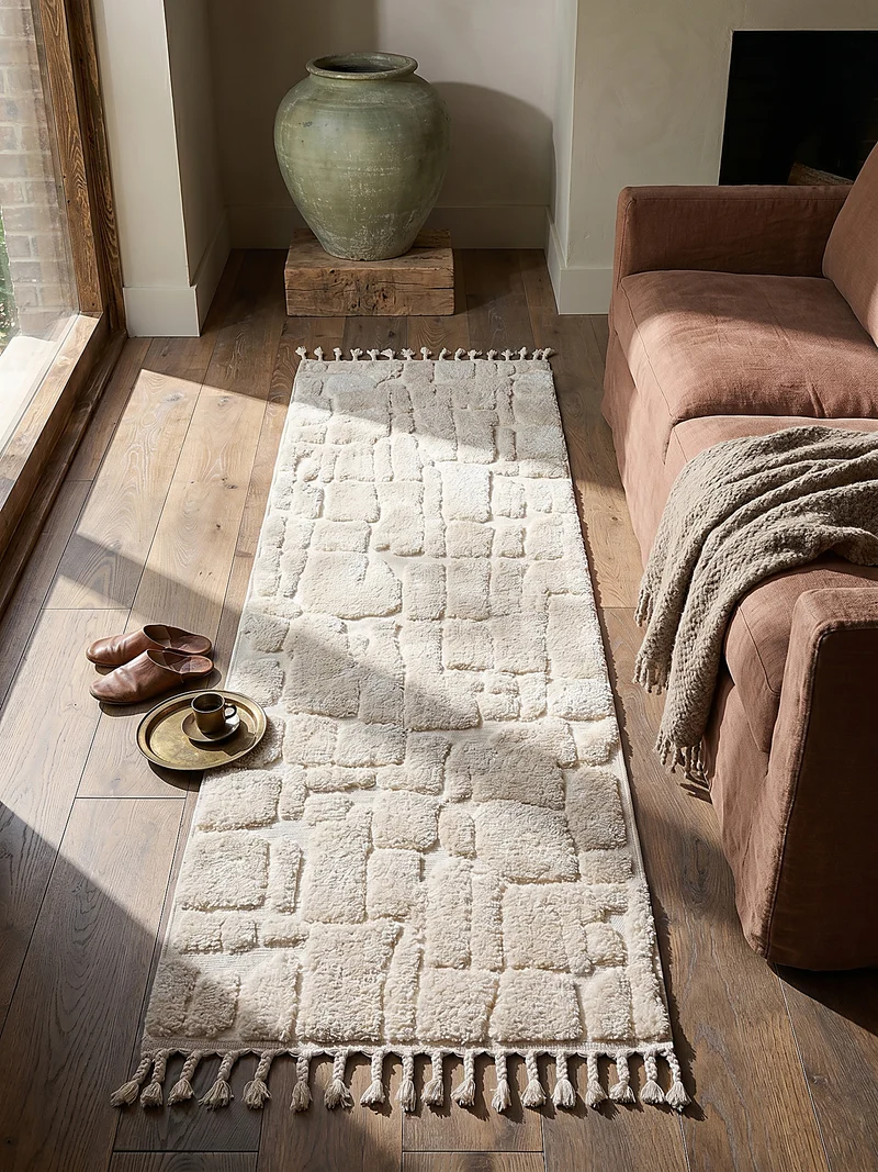 Hochflor-Teppich Cobblestone-Relief · 20 mm 3D · Cremeweiß · Boho mit Fransen
