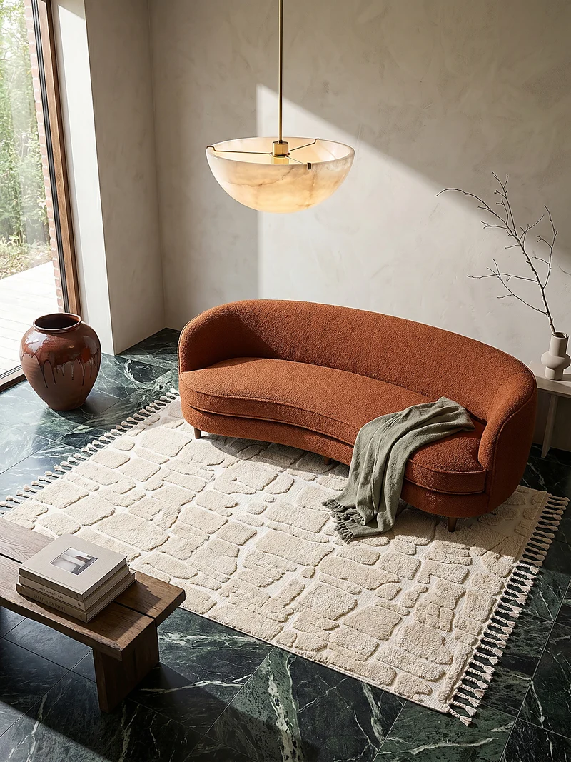 Hochflor-Teppich Cobblestone-Relief · 20 mm 3D · Cremeweiß · Boho mit Fransen