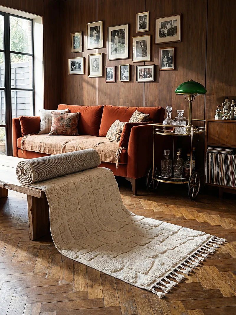 Hochflor-Teppich Cobblestone-Relief · 20 mm 3D · Cremeweiß · Boho mit Fransen