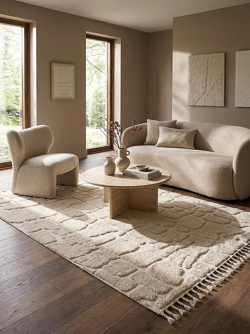 Hochflor-Teppich Cobblestone-Relief · 20 mm 3D · Cremeweiß · Boho mit Fransen