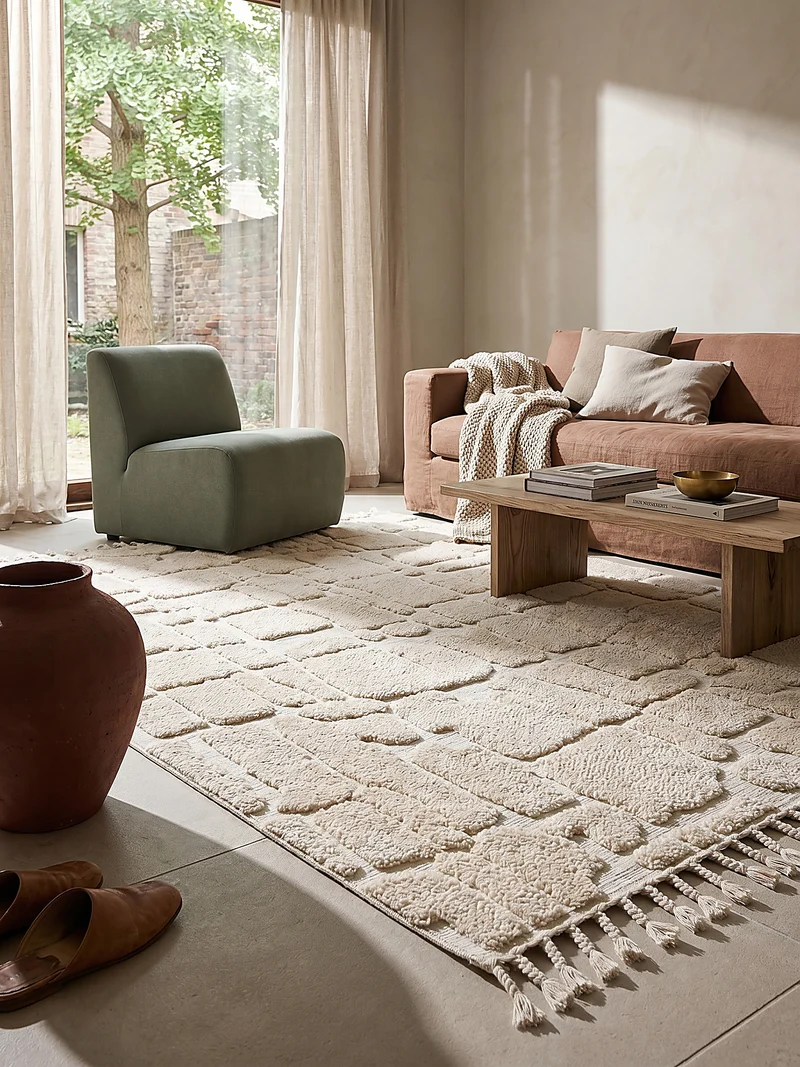 Hochflor-Teppich Cobblestone-Relief · 20 mm 3D · Cremeweiß · Boho mit Fransen