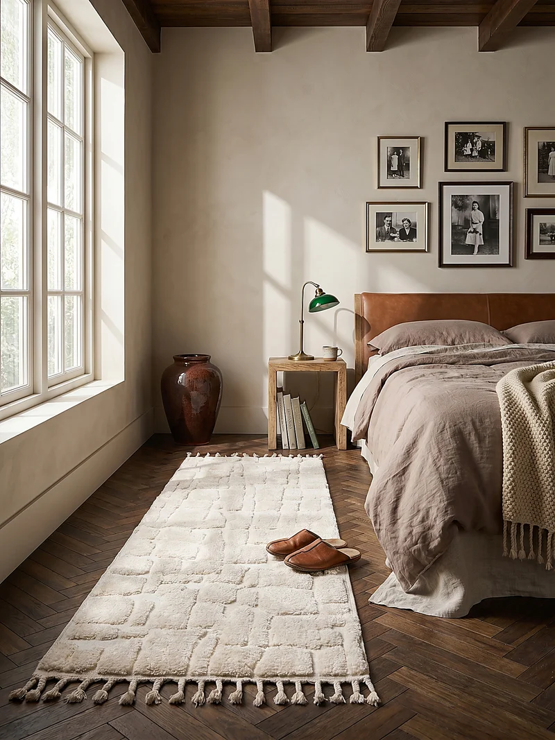 Hochflor-Teppich Cobblestone-Relief · 20 mm 3D · Cremeweiß · Boho mit Fransen