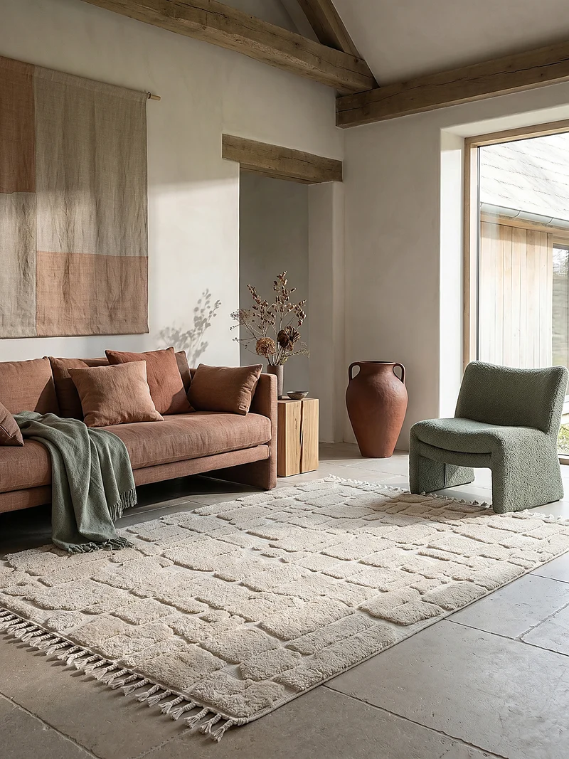 Hochflor-Teppich Cobblestone-Relief · 20 mm 3D · Cremeweiß · Boho mit Fransen