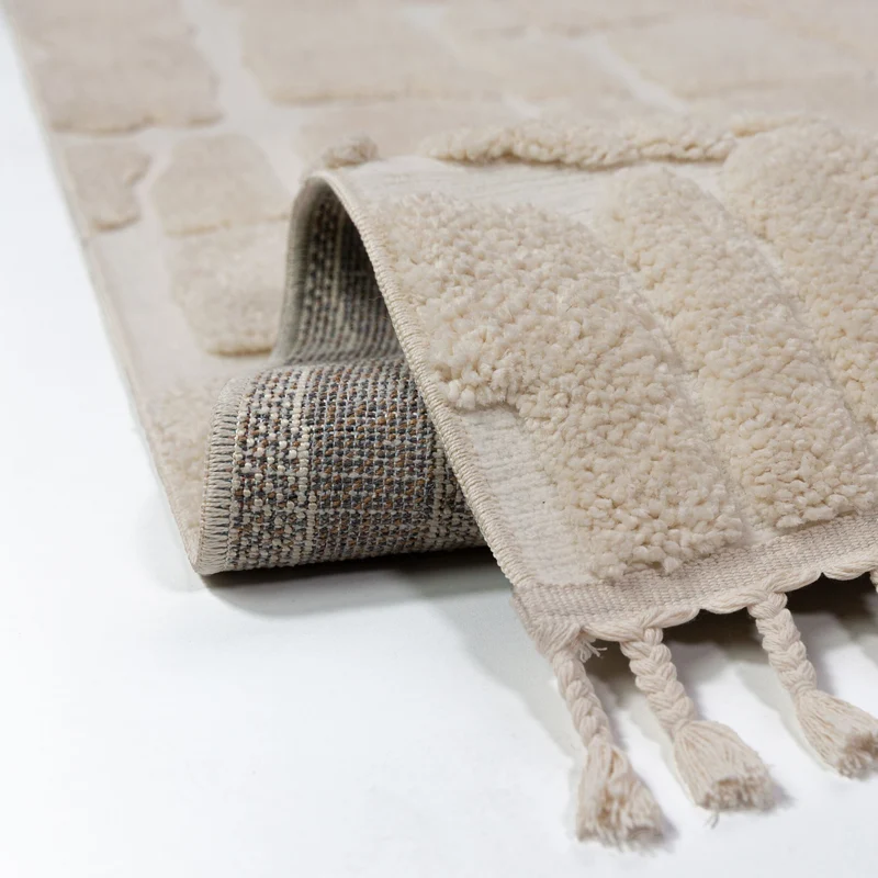 Hochflor-Teppich Cobblestone-Relief · 20 mm 3D · Cremeweiß · Boho mit Fransen