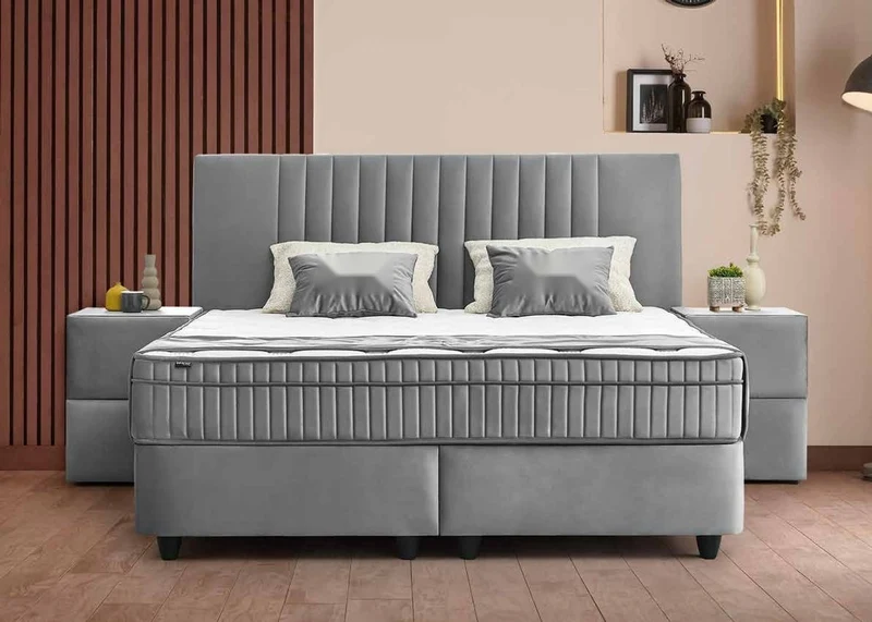 Casa Padrino Luxus Boxspringbett mit Kopfteil in Streifenoptik Grau 140 x 200 cm - Luxus Schlafzimmer Möbel