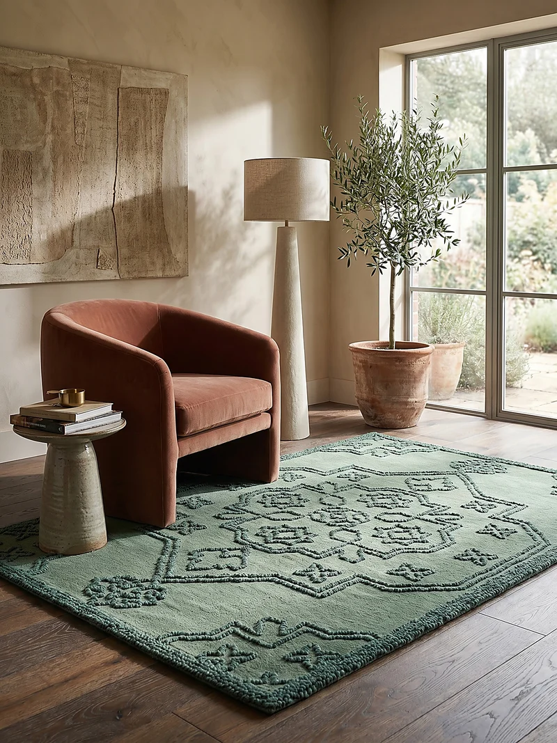 Wollteppich Vintage Medaillon · 88-92 % Wolle handgetuftet · 12 mm Kurzflor
