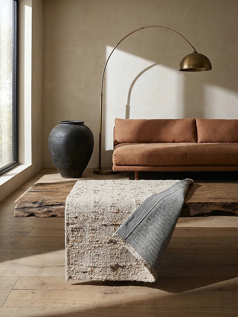 Flachgewebe-Teppich Block-Patchwork · 65 % Wollanteil · Handloomed · Naturweiß mit Akzenten