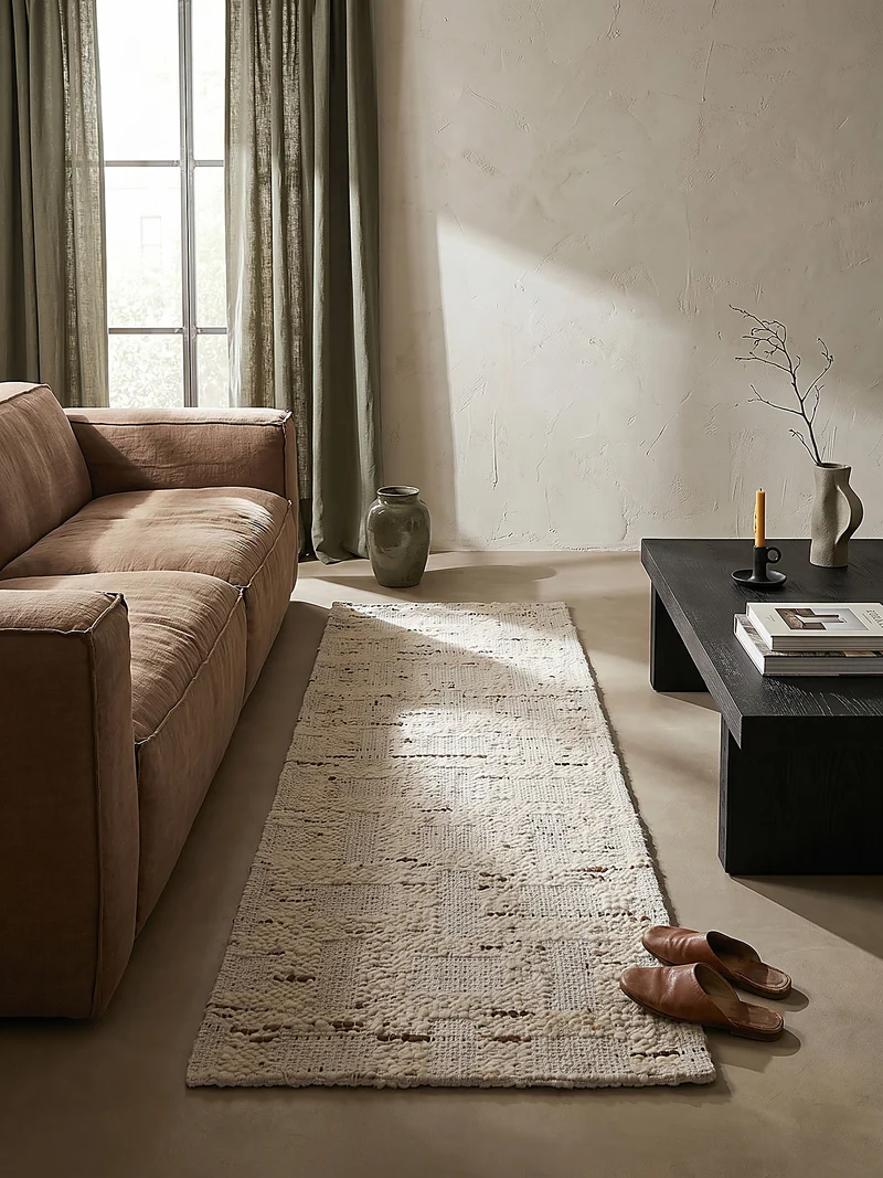 Flachgewebe-Teppich Block-Patchwork · 65 % Wollanteil · Handloomed · Naturweiß mit Akzenten