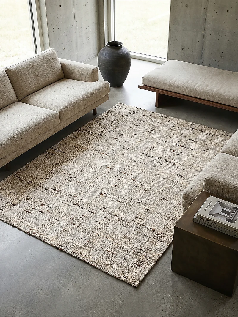 Flachgewebe-Teppich Block-Patchwork · 65 % Wollanteil · Handloomed · Naturweiß mit Akzenten