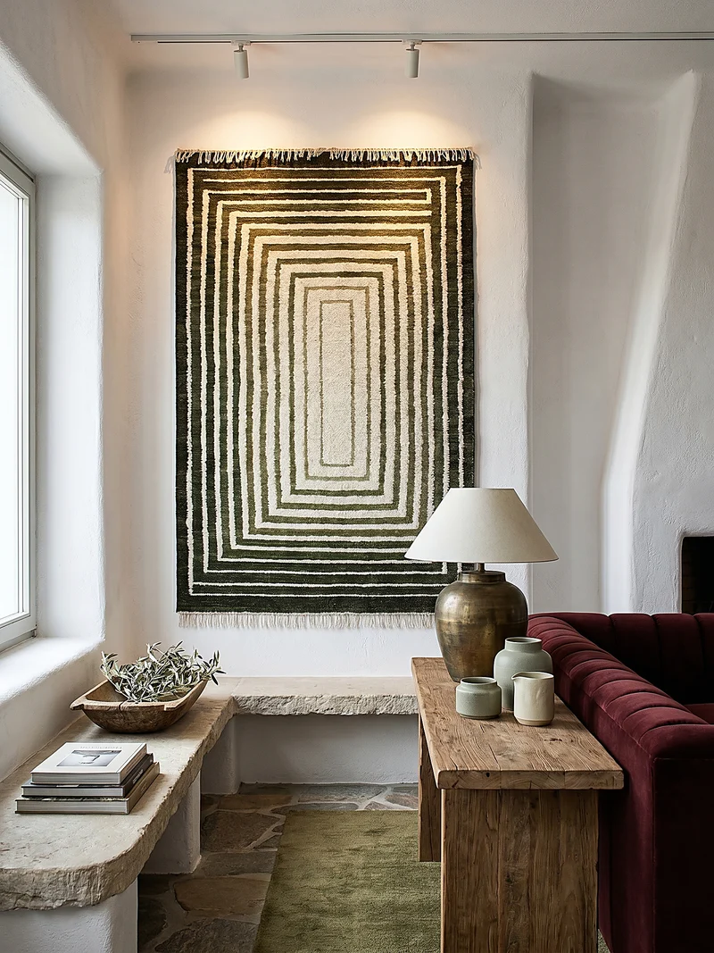 Flachgewebe-Teppich Bouclé-Frame · 74 % Wollanteil · handgewebt mit Fransen