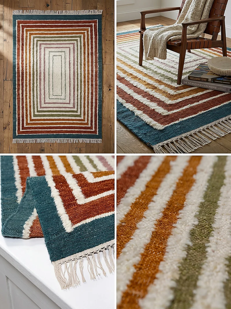 Flachgewebe-Teppich Bouclé-Frame · 74 % Wollanteil · handgewebt mit Fransen