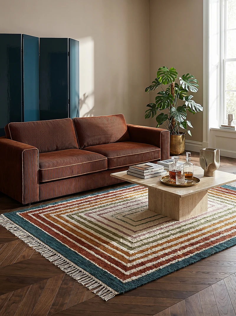 Flachgewebe-Teppich Bouclé-Frame · 74 % Wollanteil · handgewebt mit Fransen