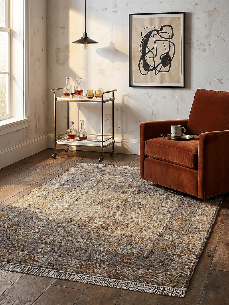 Jute-Teppich Vintage · Medaillon-Muster · handgewebt mit Fransen