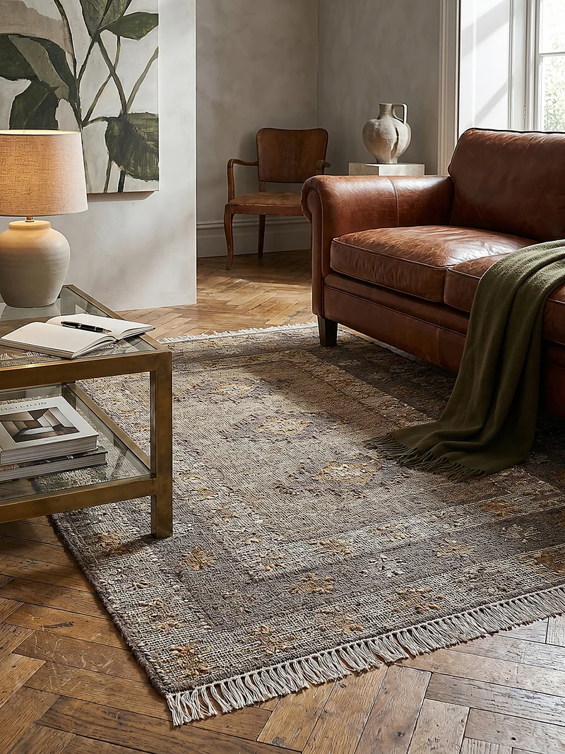 Jute-Teppich Vintage · Medaillon-Muster · handgewebt mit Fransen