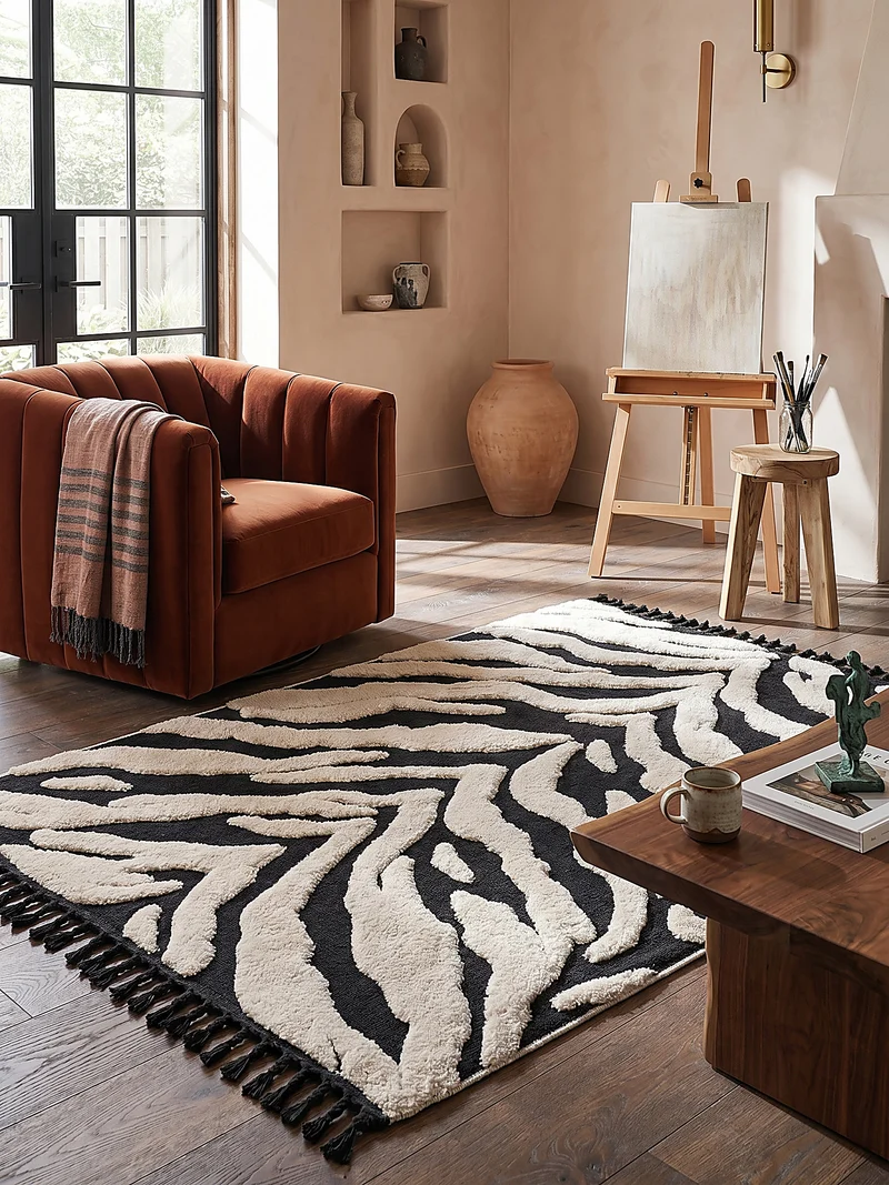 Hochflor-Teppich Zebra-Motiv · 3D Hoch-Tief · 20 mm · Schwarz-Weiß