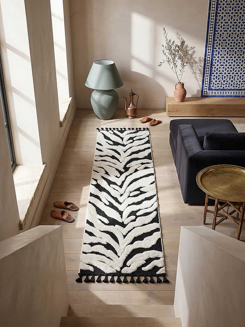Hochflor-Teppich Zebra-Motiv · 3D Hoch-Tief · 20 mm · Schwarz-Weiß