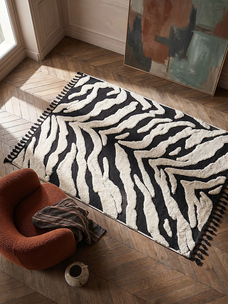 Hochflor-Teppich Zebra-Motiv · 3D Hoch-Tief · 20 mm · Schwarz-Weiß