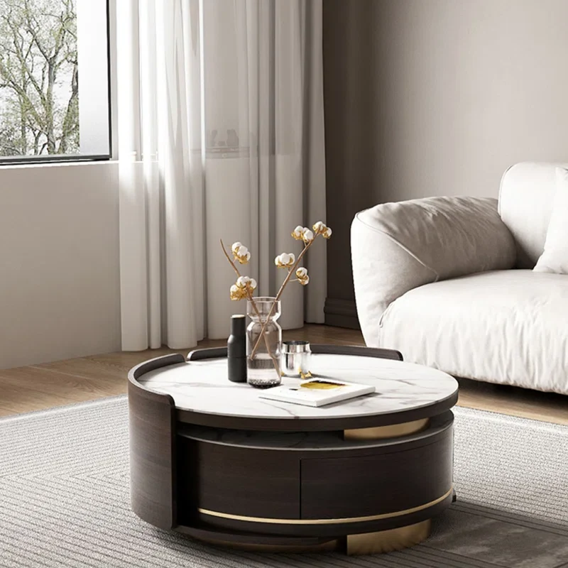Doppelter runder Couchtisch mit Schublade und Marmortischplatte