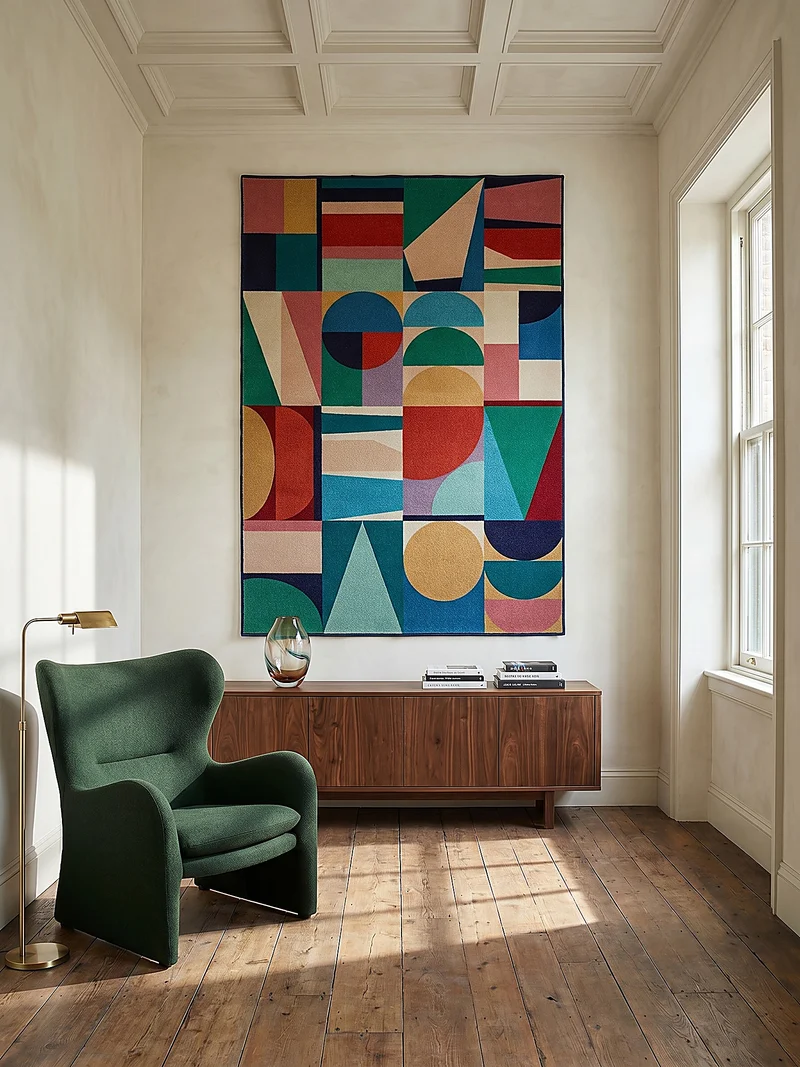 Wollteppich Patchwork-Geometrie · Hoch-Tief 3D · 8 mm · 83 % Wolle