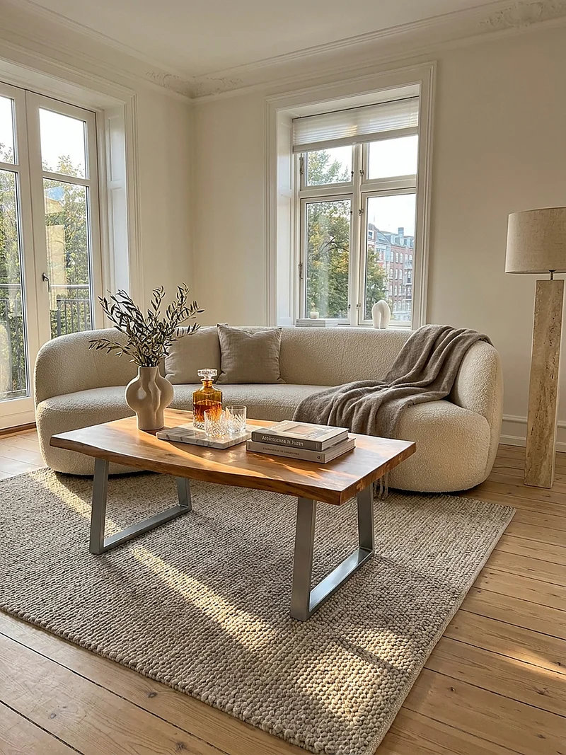 Couchtisch aus Akazie Massivholz mit Metall-Trapezbeinen und Baumkante im Design-Stil