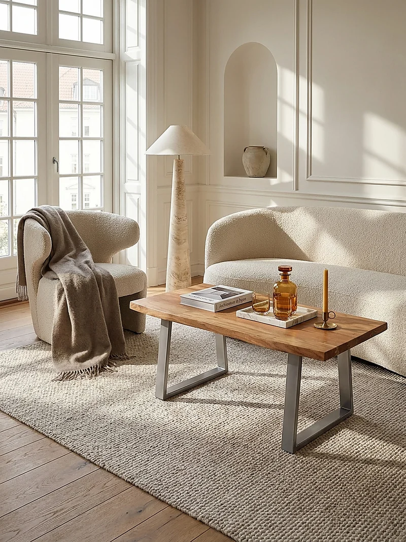 Couchtisch aus Akazie Massivholz mit Metall-Trapezbeinen und Baumkante im Design-Stil