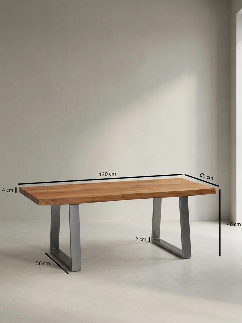 Couchtisch aus Akazie Massivholz mit Metall-Trapezbeinen und Baumkante im Design-Stil