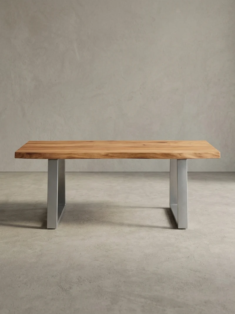 Couchtisch aus Akazie Massivholz mit Metall-Trapezbeinen und Baumkante im Design-Stil